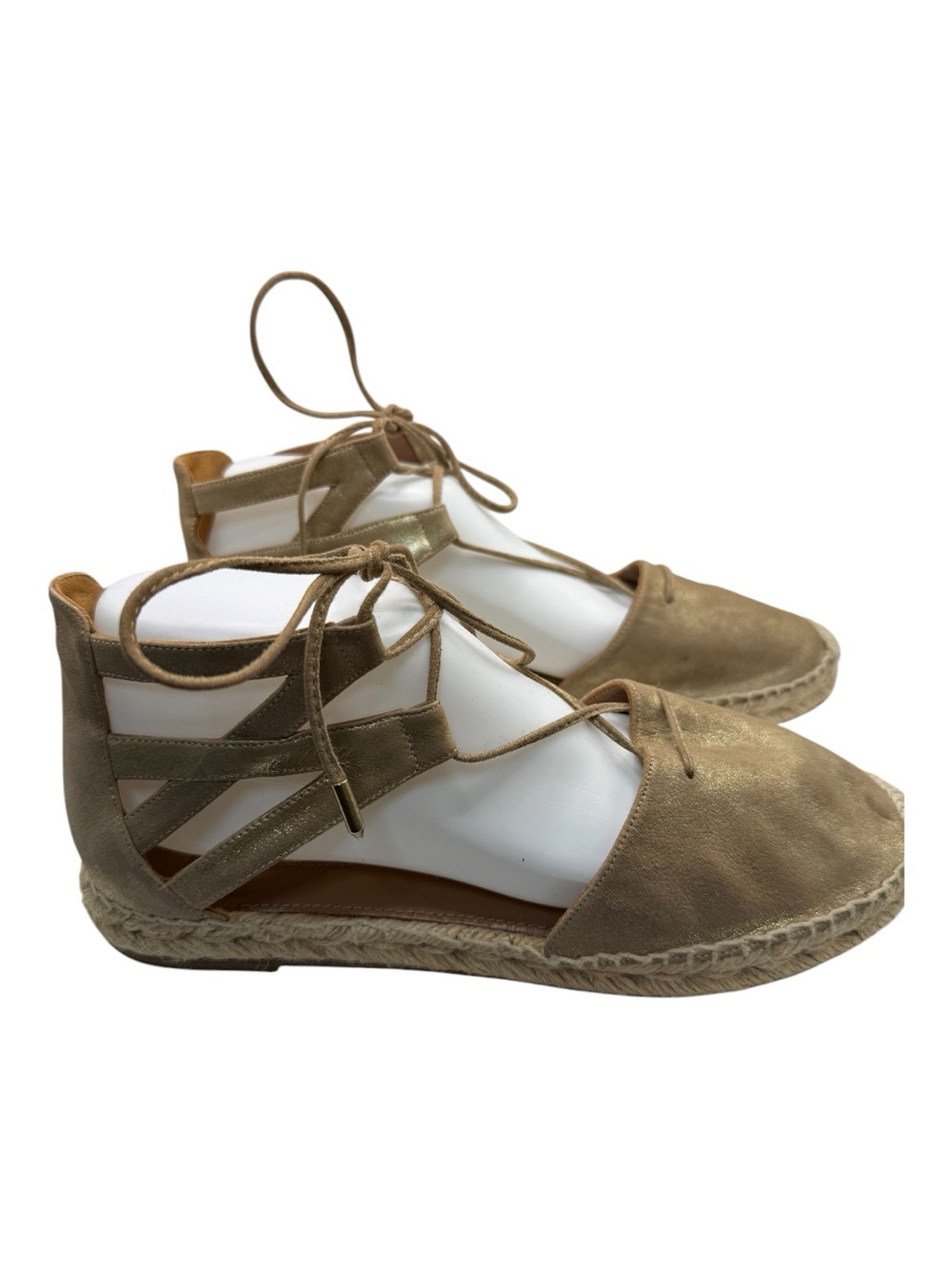 Aquazzura Belgravia Lace-Up Espadrille Flats Gold Metallic Suede US 8 *Flawed
